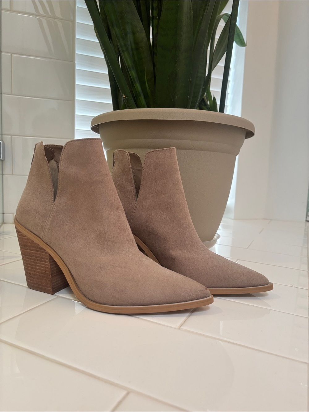 Suede Pointed Taupe Ankle Booties with Stacked Heel